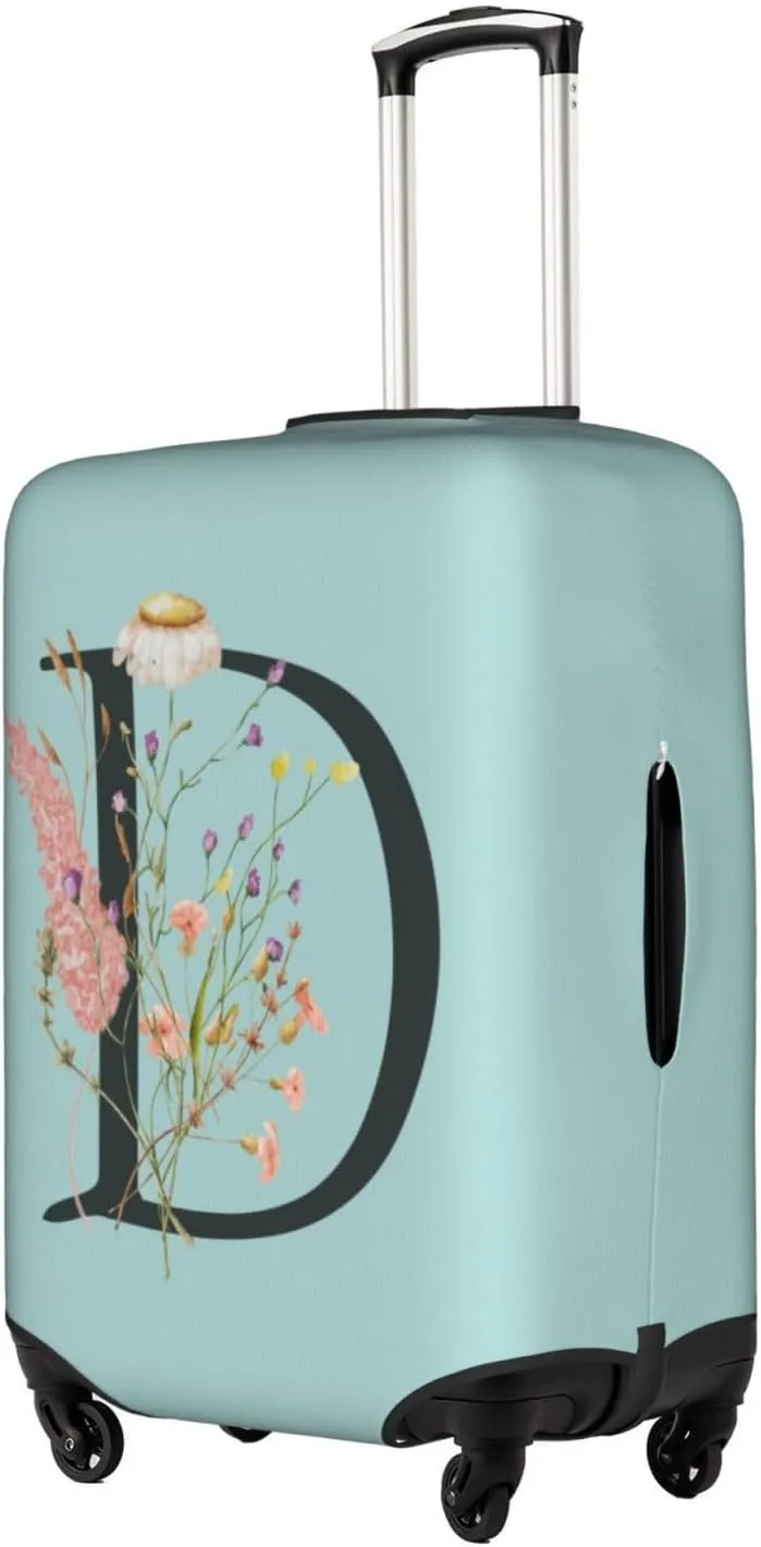 Travel Luggage Cover Elastic Blue Suitcase Protector Bag,Black Letter D Boho Floral Flowers Leaves Dust-Proof Washable Baggage Covers For Wheeled Suitcase Kid Adult,M (For 22-24 Inch Luggage)