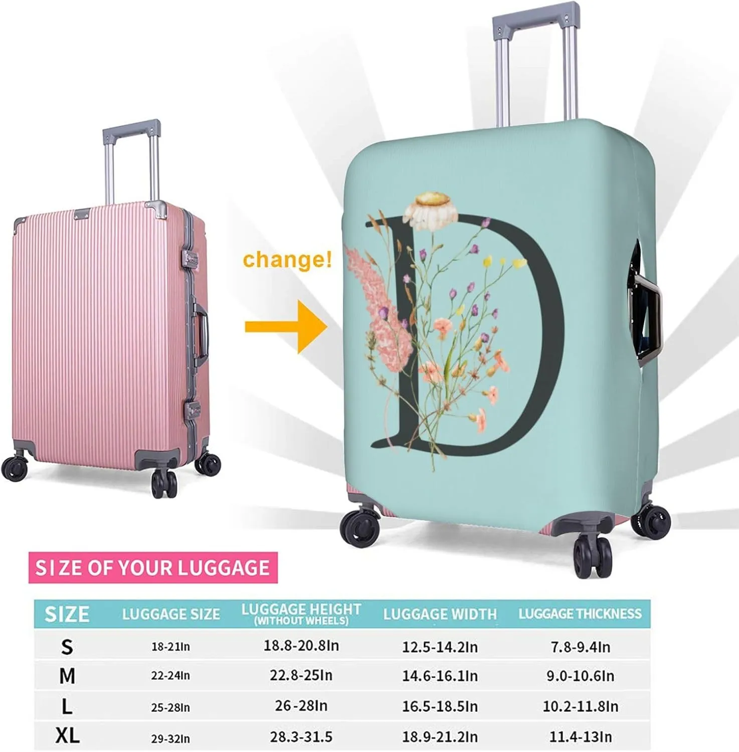 Travel Luggage Cover Elastic Blue Suitcase Protector Bag,Black Letter D Boho Floral Flowers Leaves Dust-Proof Washable Baggage Covers For Wheeled Suitcase Kid Adult,M (For 22-24 Inch Luggage)