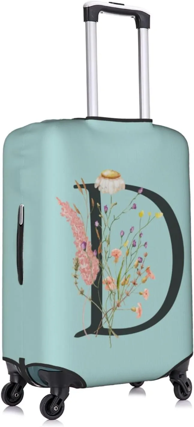 Travel Luggage Cover Elastic Blue Suitcase Protector Bag,Black Letter D Boho Floral Flowers Leaves Dust-Proof Washable Baggage Covers For Wheeled Suitcase Kid Adult,M (For 22-24 Inch Luggage)