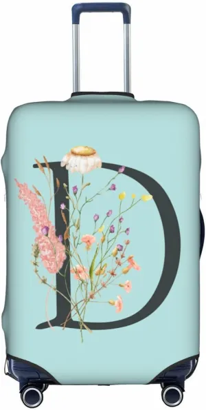 Travel Luggage Cover Elastic Blue Suitcase Protector Bag,Black Letter D Boho Floral Flowers Leaves Dust-Proof Washable Baggage Covers For Wheeled Suitcase Kid Adult,M (For 22-24 Inch Luggage)