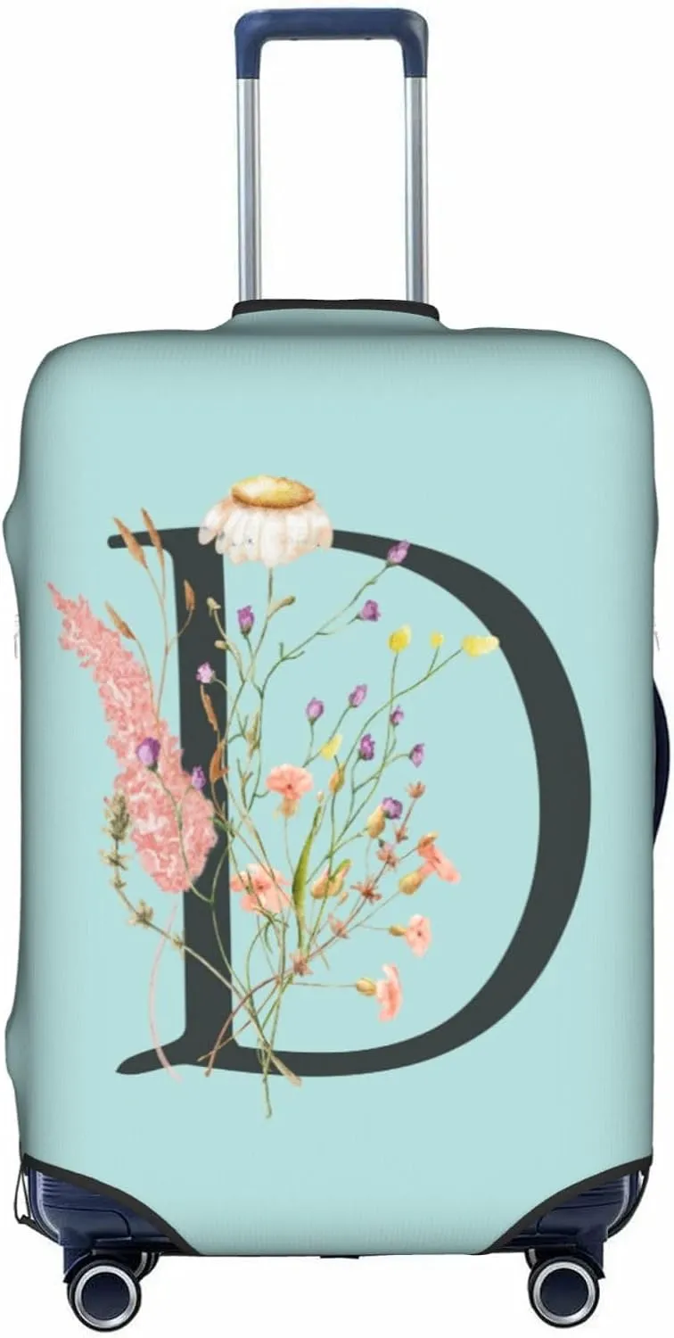 Travel Luggage Cover Elastic Blue Suitcase Protector Bag,Black Letter D Boho Floral Flowers Leaves Dust-Proof Washable Baggage Covers For Wheeled Suitcase Kid Adult,M (For 22-24 Inch Luggage)