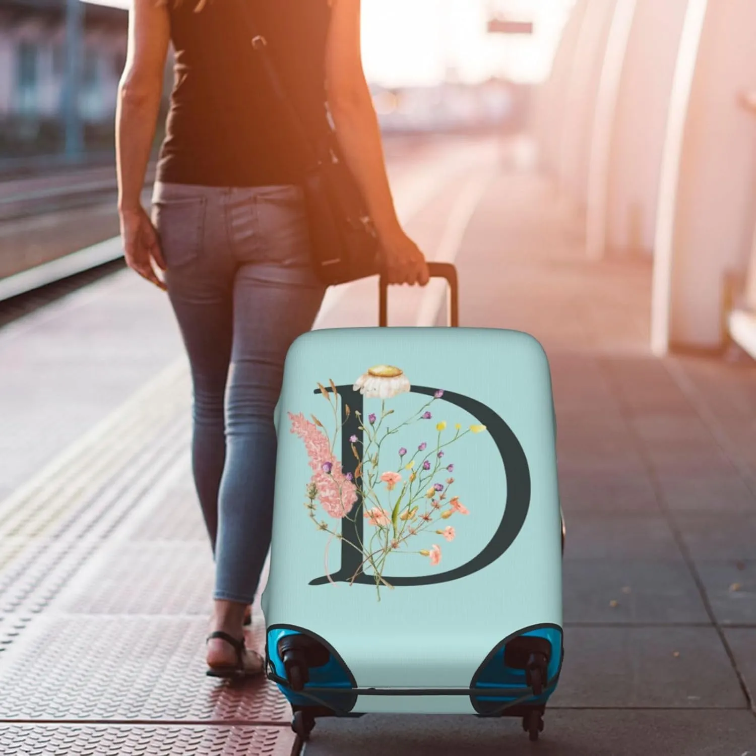 Travel Luggage Cover Elastic Blue Suitcase Protector Bag,Black Letter D Boho Floral Flowers Leaves Dust-Proof Washable Baggage Covers For Wheeled Suitcase Kid Adult,M (For 22-24 Inch Luggage)