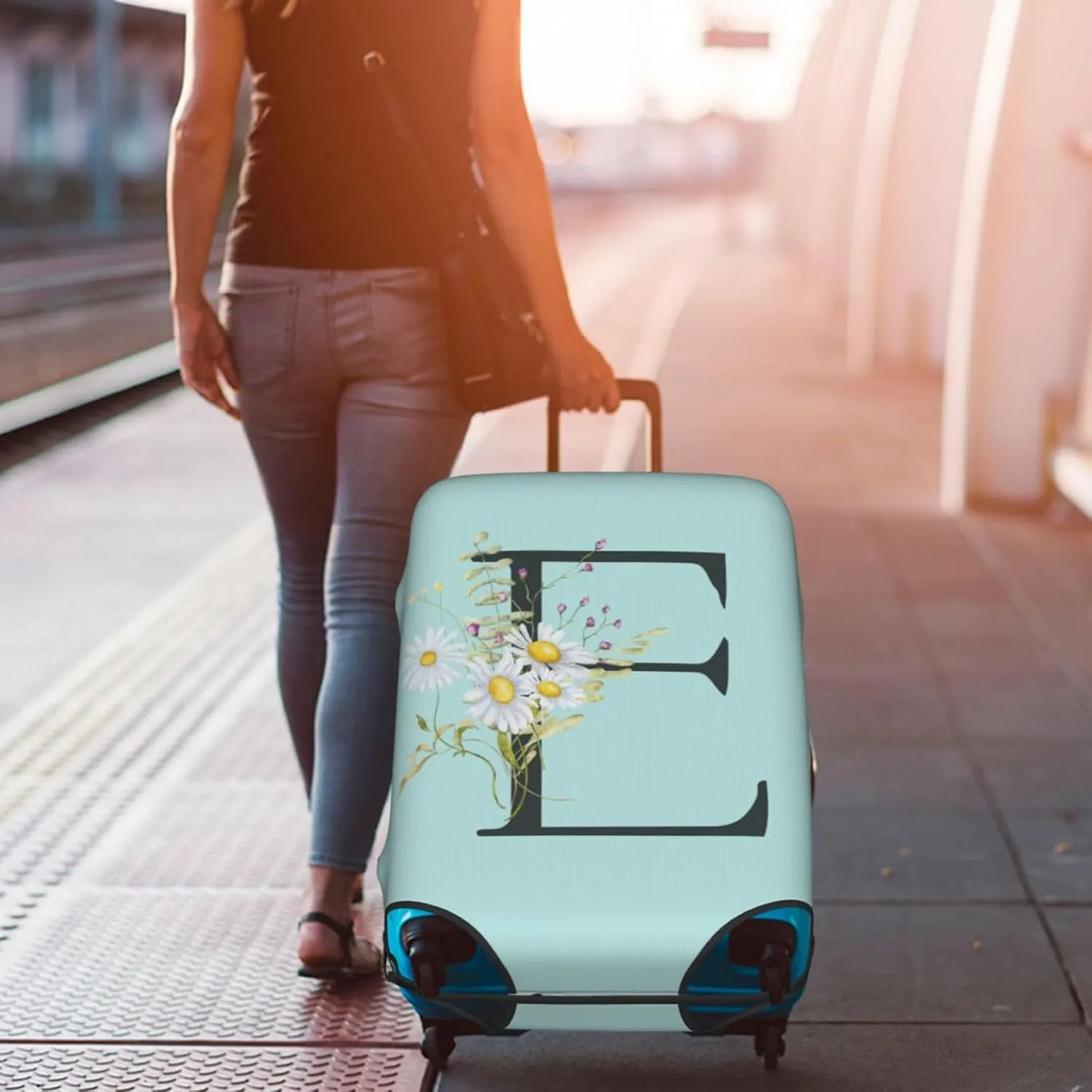 Travel Luggage Cover Elastic Blue Suitcase Protector Bag,Black Letter E Boho Floral Flowers Leaves Dust-Proof Washable Baggage Covers For Wheeled Suitcase Kid Adult,Xl (For 29-32 Inch Luggage)