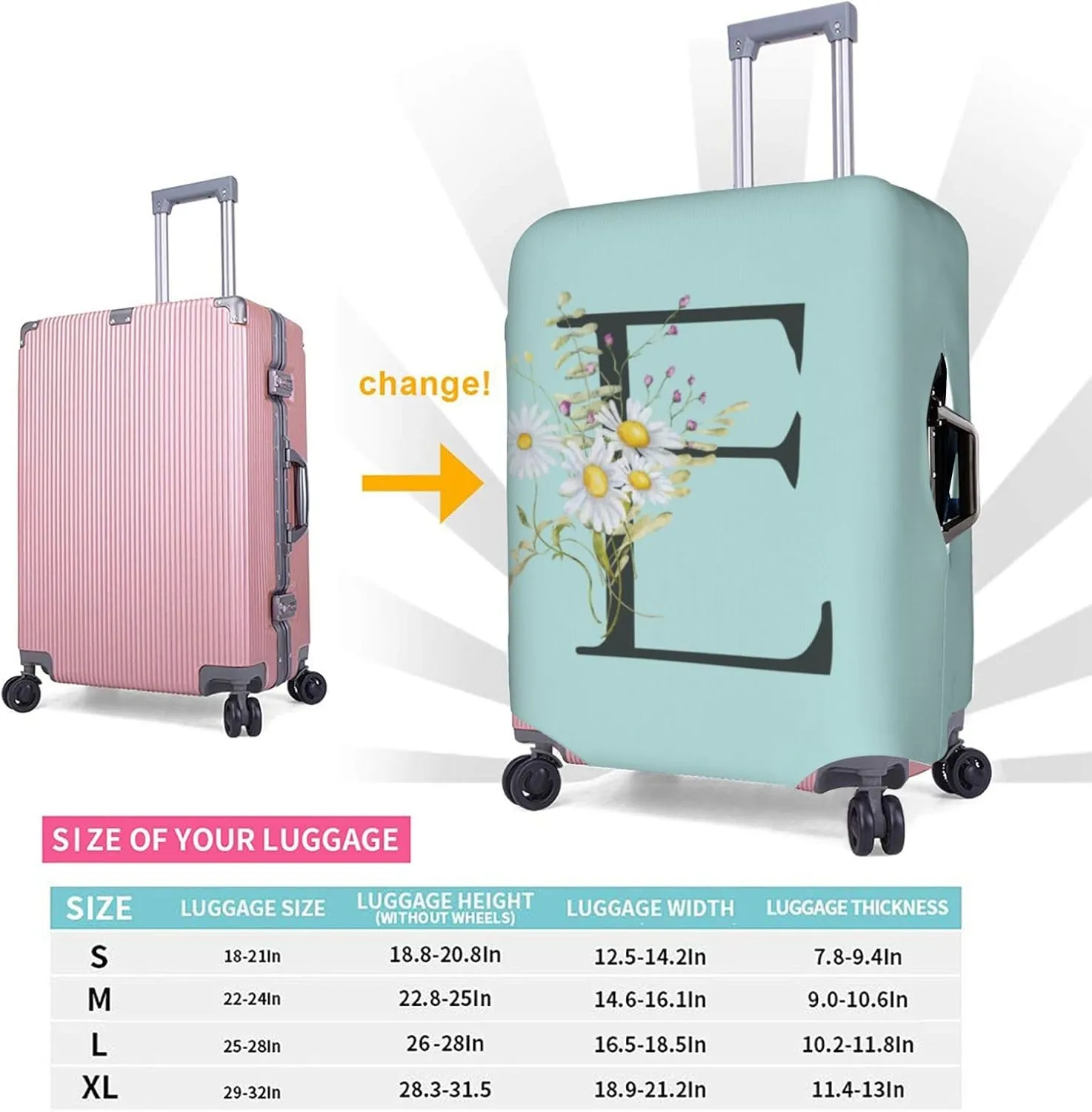 Travel Luggage Cover Elastic Blue Suitcase Protector Bag,Black Letter E Boho Floral Flowers Leaves Dust-Proof Washable Baggage Covers For Wheeled Suitcase Kid Adult,Xl (For 29-32 Inch Luggage)