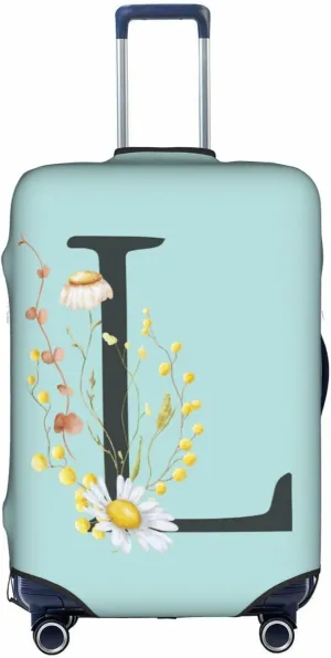 Travel Luggage Cover Elastic Blue Suitcase Protector Bag,Black Letter L Boho Floral Flowers Leaves Anti-Scratch Washable Baggage Covers For Wheeled Suitcase Kid Adult,L (For 25-28 Inch Luggage)