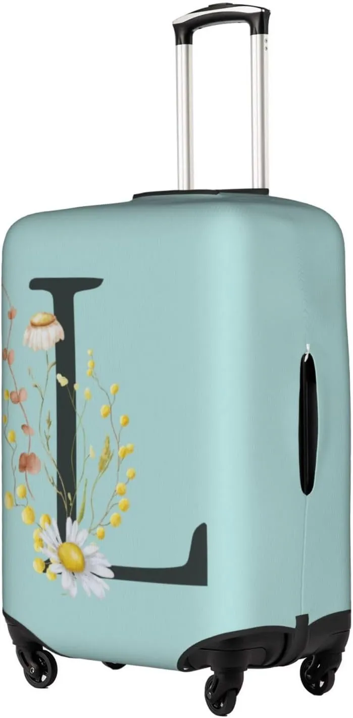 Travel Luggage Cover Elastic Blue Suitcase Protector Bag,Black Letter L Boho Floral Flowers Leaves Anti-Scratch Washable Baggage Covers For Wheeled Suitcase Kid Adult,L (For 25-28 Inch Luggage)