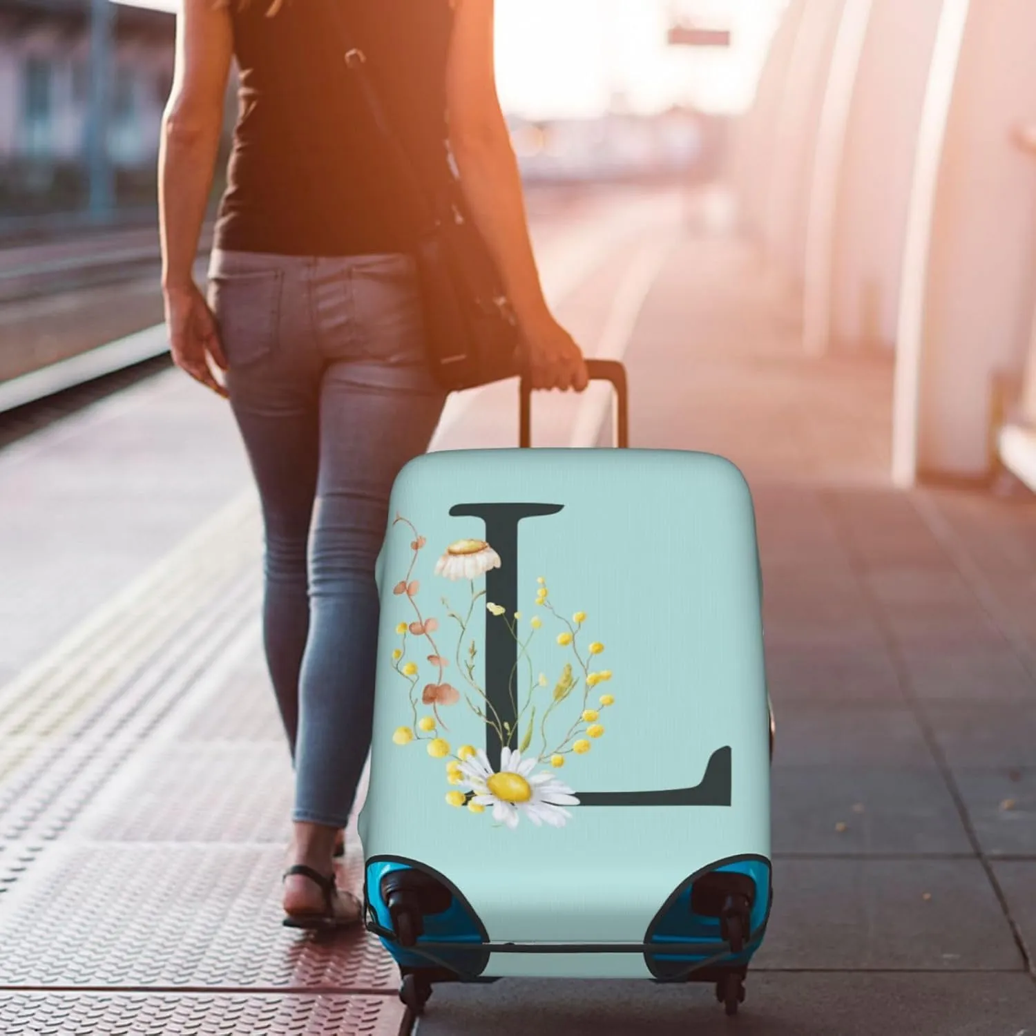 Travel Luggage Cover Elastic Blue Suitcase Protector Bag,Black Letter L Boho Floral Flowers Leaves Anti-Scratch Washable Baggage Covers For Wheeled Suitcase Kid Adult,L (For 25-28 Inch Luggage)