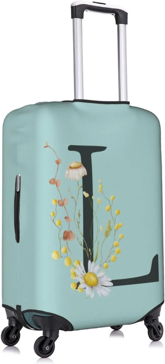 Travel Luggage Cover Elastic Blue Suitcase Protector Bag,Black Letter L Boho Floral Flowers Leaves Anti-Scratch Washable Baggage Covers For Wheeled Suitcase Kid Adult,L (For 25-28 Inch Luggage)