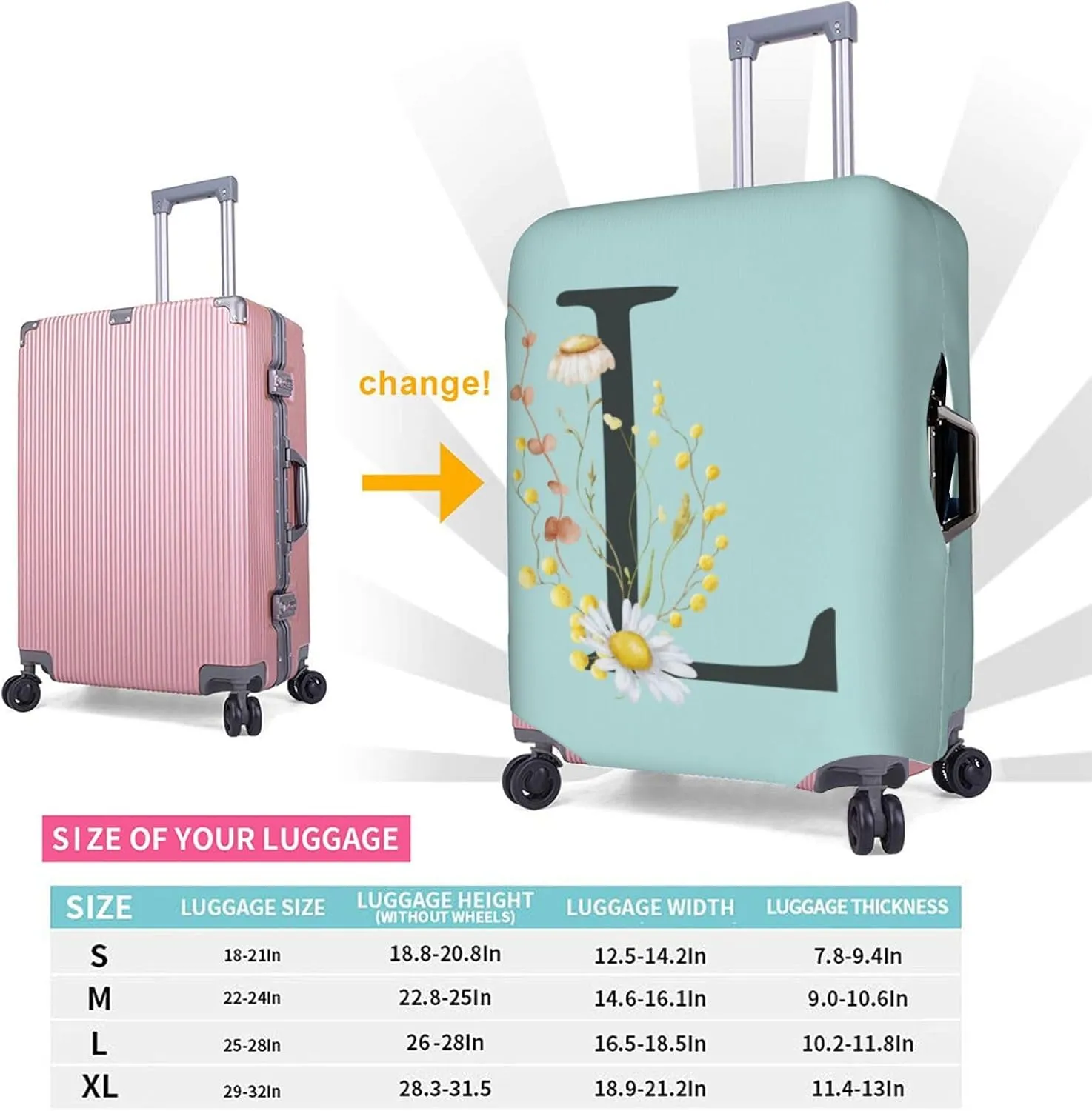 Travel Luggage Cover Elastic Blue Suitcase Protector Bag,Black Letter L Boho Floral Flowers Leaves Anti-Scratch Washable Baggage Covers For Wheeled Suitcase Kid Adult,L (For 25-28 Inch Luggage)