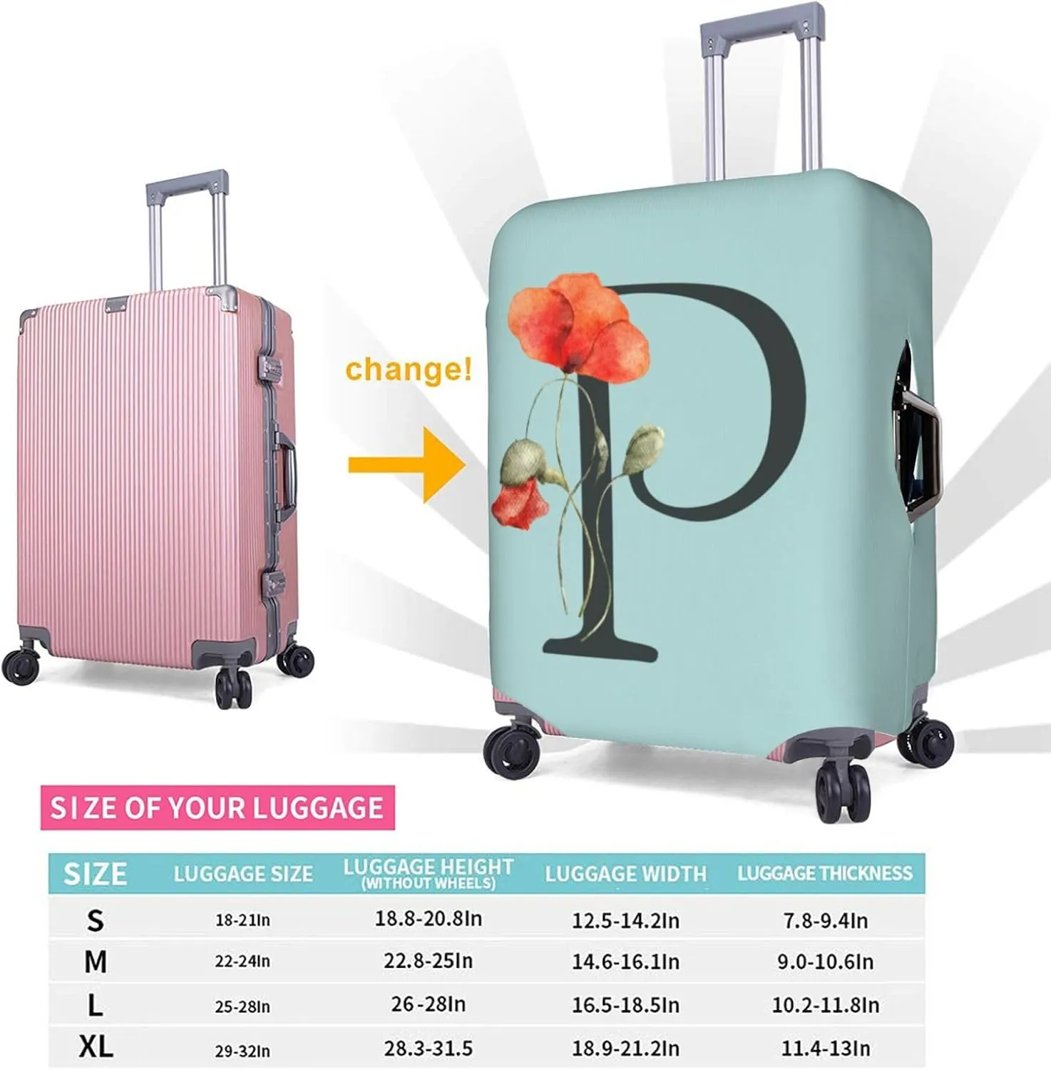 Travel Luggage Cover Elastic Blue Suitcase Protector Bag,Black Letter P Boho Floral Flowers Leaves Dust-Proof Washable Baggage Covers For Wheeled Suitcase Kid Adult,M (For 22-24 Inch Luggage)