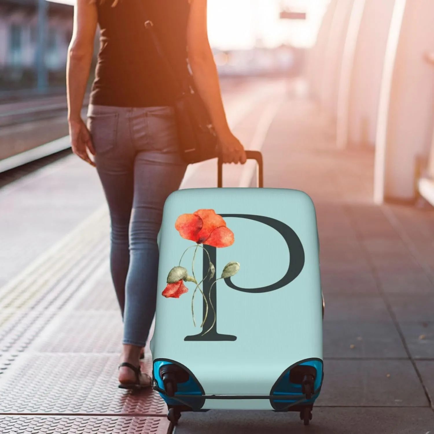 Travel Luggage Cover Elastic Blue Suitcase Protector Bag,Black Letter P Boho Floral Flowers Leaves Dust-Proof Washable Baggage Covers For Wheeled Suitcase Kid Adult,M (For 22-24 Inch Luggage)