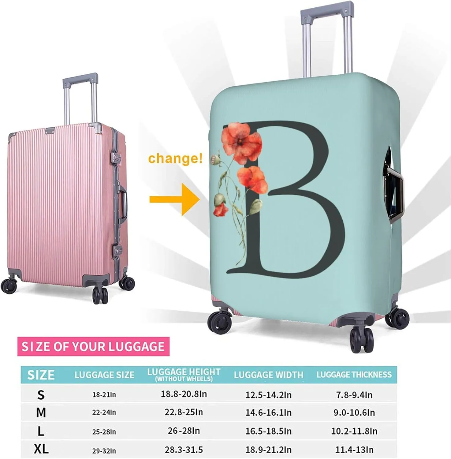 Travel Luggage Cover Spandex Blue Suitcase Protector Bag,Black Letter B Boho Floral Poppy Flowers Leaves Dust-Proof Washable Baggage Covers For Wheeled Suitcase Kid Adult,L (For 25-28 Inch Luggage)
