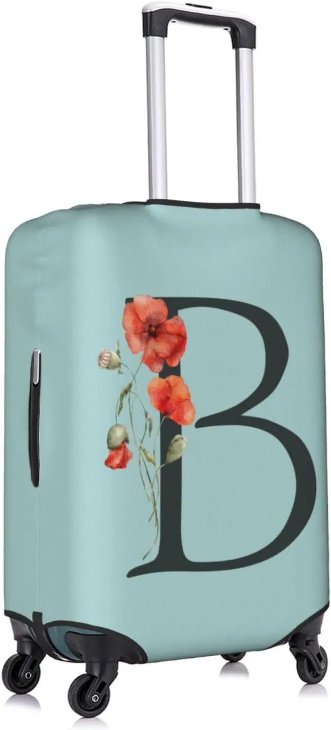Travel Luggage Cover Spandex Blue Suitcase Protector Bag,Black Letter B Boho Floral Poppy Flowers Leaves Dust-Proof Washable Baggage Covers For Wheeled Suitcase Kid Adult,L (For 25-28 Inch Luggage)