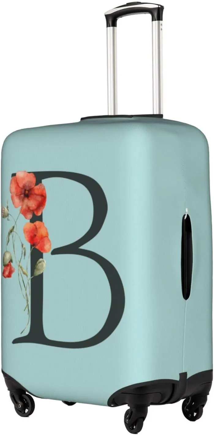 Travel Luggage Cover Spandex Blue Suitcase Protector Bag,Black Letter B Boho Floral Poppy Flowers Leaves Dust-Proof Washable Baggage Covers For Wheeled Suitcase Kid Adult,L (For 25-28 Inch Luggage)