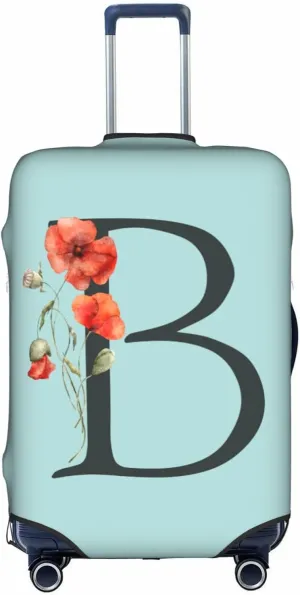 Travel Luggage Cover Spandex Blue Suitcase Protector Bag,Black Letter B Boho Floral Poppy Flowers Leaves Dust-Proof Washable Baggage Covers For Wheeled Suitcase Kid Adult,L (For 25-28 Inch Luggage)