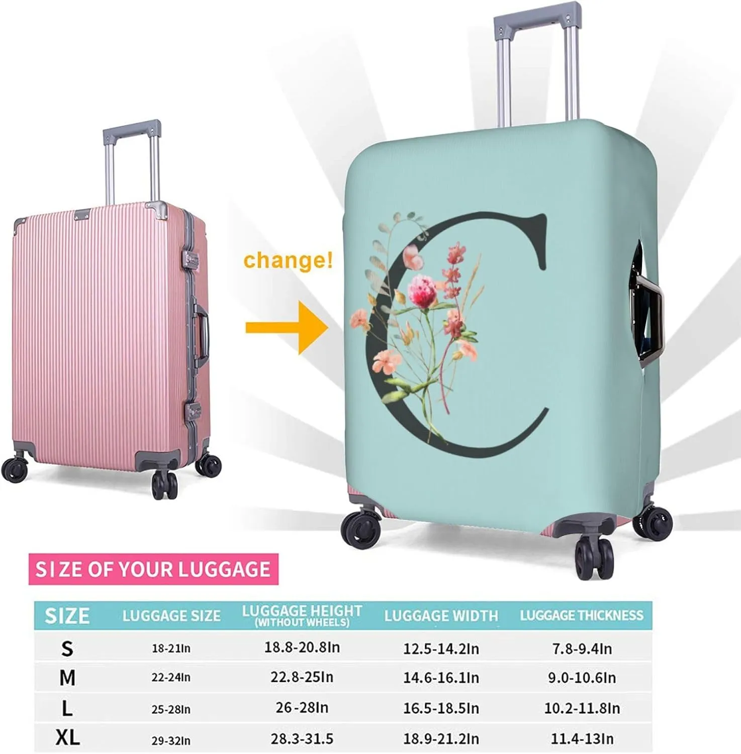 Travel Luggage Cover Spandex Blue Suitcase Protector Bag,Black Letter C Boho Floral Flowers Leaves Dust-Proof Washable Baggage Covers For Wheeled Suitcase Kid Adult,S (For 18-21 Inch Luggage)