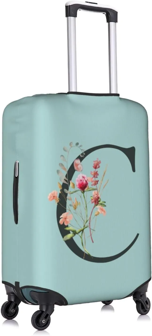 Travel Luggage Cover Spandex Blue Suitcase Protector Bag,Black Letter C Boho Floral Flowers Leaves Dust-Proof Washable Baggage Covers For Wheeled Suitcase Kid Adult,S (For 18-21 Inch Luggage)