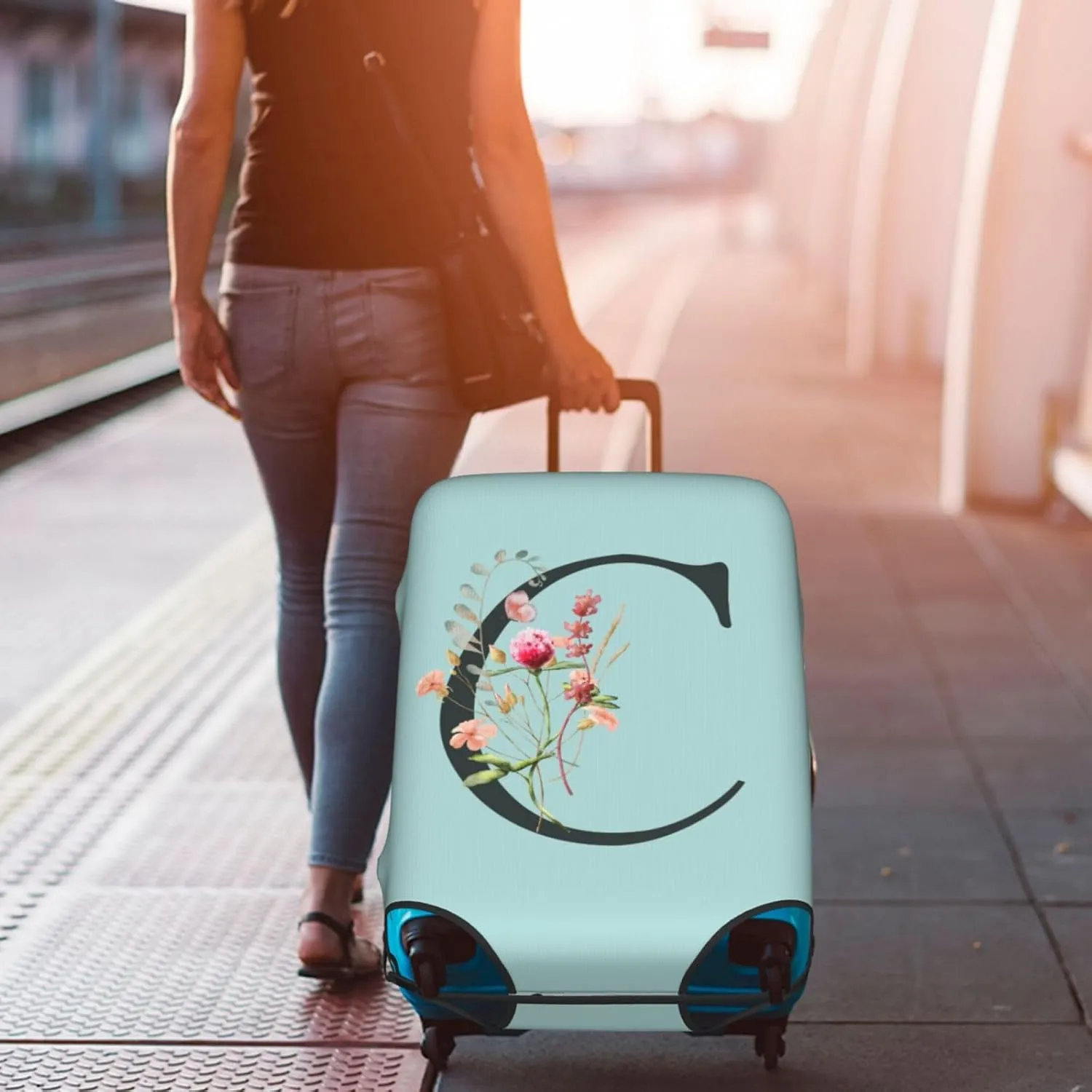 Travel Luggage Cover Spandex Blue Suitcase Protector Bag,Black Letter C Boho Floral Flowers Leaves Dust-Proof Washable Baggage Covers For Wheeled Suitcase Kid Adult,S (For 18-21 Inch Luggage)
