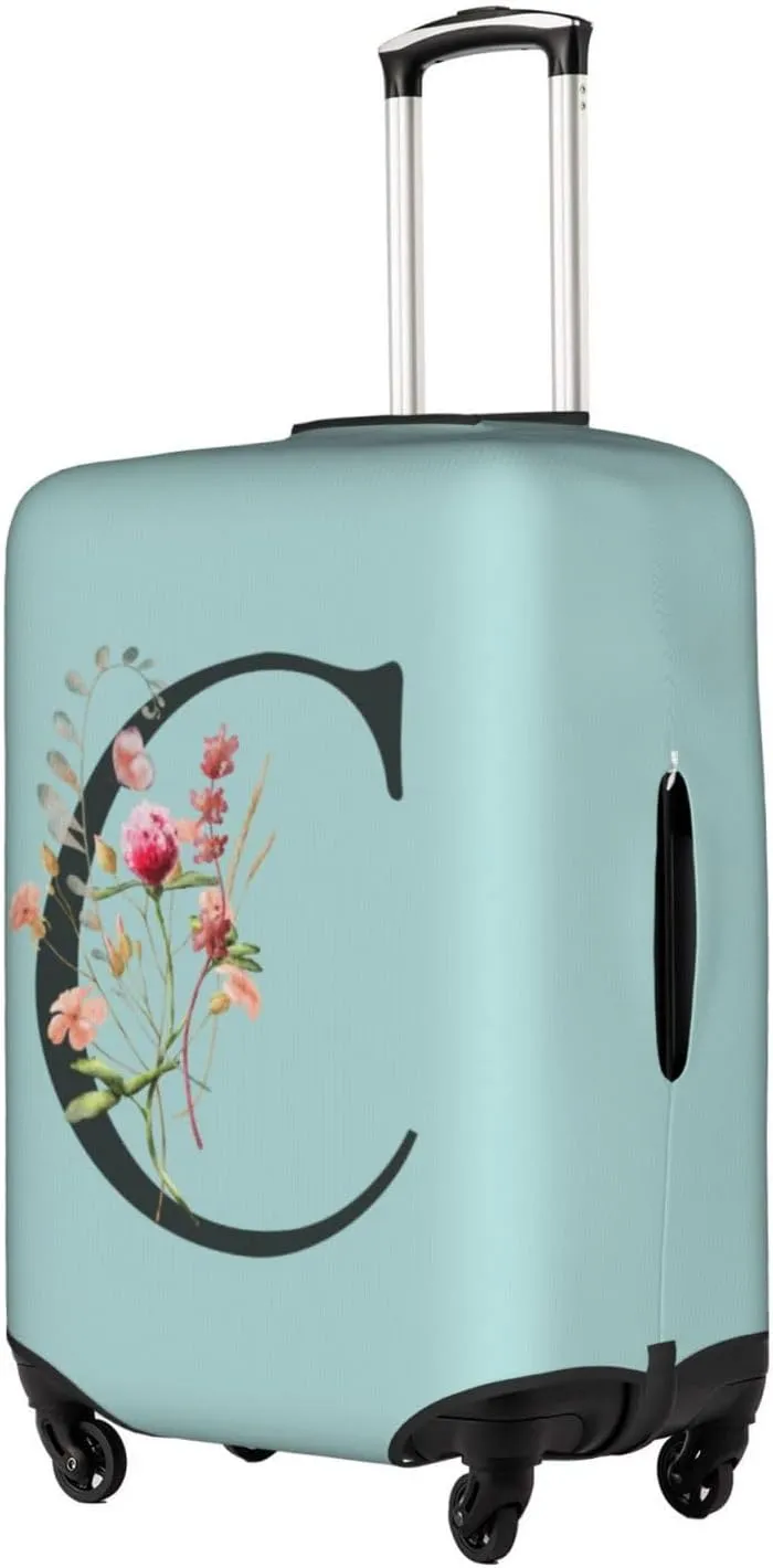 Travel Luggage Cover Spandex Blue Suitcase Protector Bag,Black Letter C Boho Floral Flowers Leaves Dust-Proof Washable Baggage Covers For Wheeled Suitcase Kid Adult,S (For 18-21 Inch Luggage)