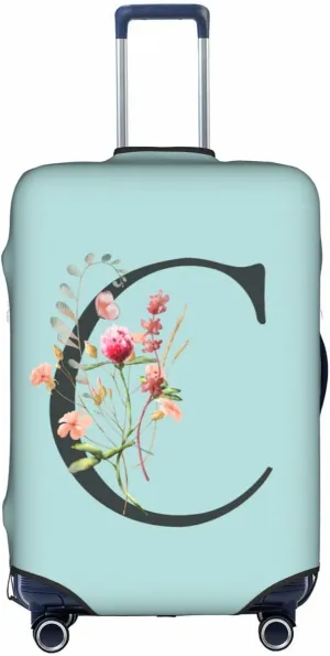Travel Luggage Cover Spandex Blue Suitcase Protector Bag,Black Letter C Boho Floral Flowers Leaves Dust-Proof Washable Baggage Covers For Wheeled Suitcase Kid Adult,S (For 18-21 Inch Luggage)