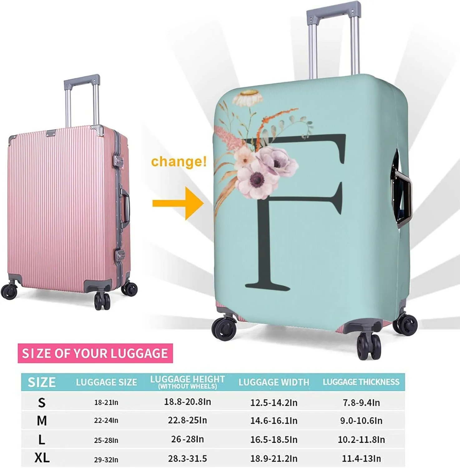 Travel Luggage Cover Spandex Blue Suitcase Protector Bag,Black Letter F Boho Floral Flowers Leaves Anti-Scratch Washable Baggage Covers For Wheeled Suitcase Kid Adult,M (For 22-24 Inch Luggage)