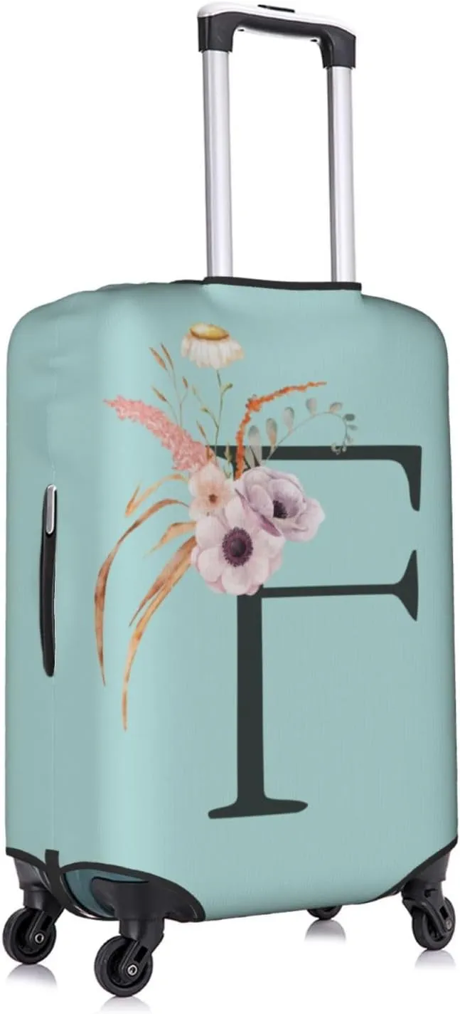 Travel Luggage Cover Spandex Blue Suitcase Protector Bag,Black Letter F Boho Floral Flowers Leaves Anti-Scratch Washable Baggage Covers For Wheeled Suitcase Kid Adult,M (For 22-24 Inch Luggage)