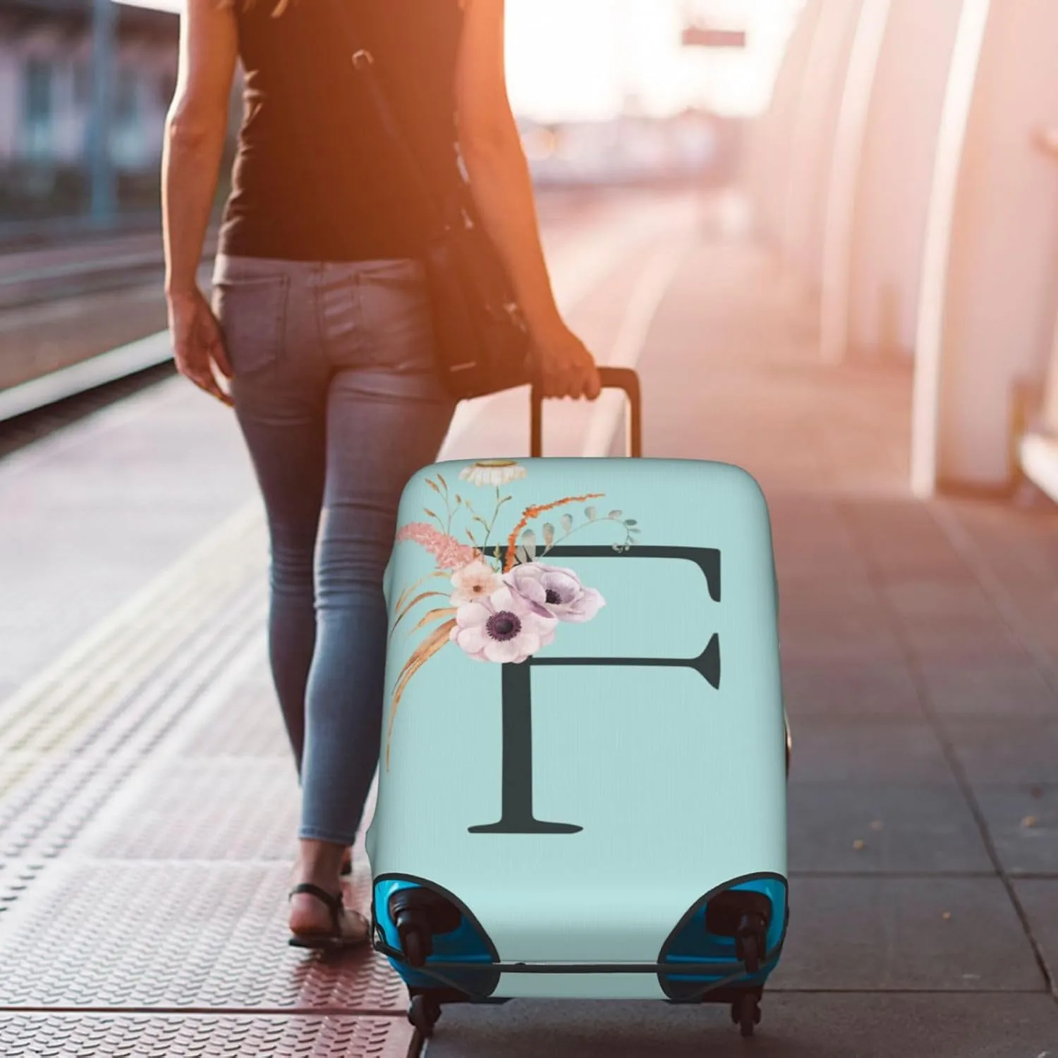 Travel Luggage Cover Spandex Blue Suitcase Protector Bag,Black Letter F Boho Floral Flowers Leaves Anti-Scratch Washable Baggage Covers For Wheeled Suitcase Kid Adult,M (For 22-24 Inch Luggage)