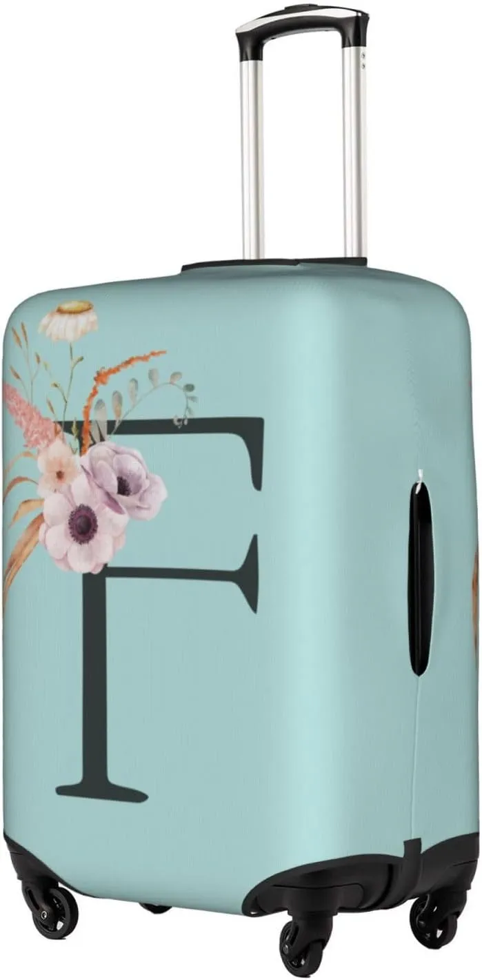 Travel Luggage Cover Spandex Blue Suitcase Protector Bag,Black Letter F Boho Floral Flowers Leaves Anti-Scratch Washable Baggage Covers For Wheeled Suitcase Kid Adult,M (For 22-24 Inch Luggage)