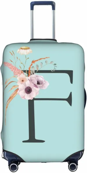 Travel Luggage Cover Spandex Blue Suitcase Protector Bag,Black Letter F Boho Floral Flowers Leaves Anti-Scratch Washable Baggage Covers For Wheeled Suitcase Kid Adult,M (For 22-24 Inch Luggage)