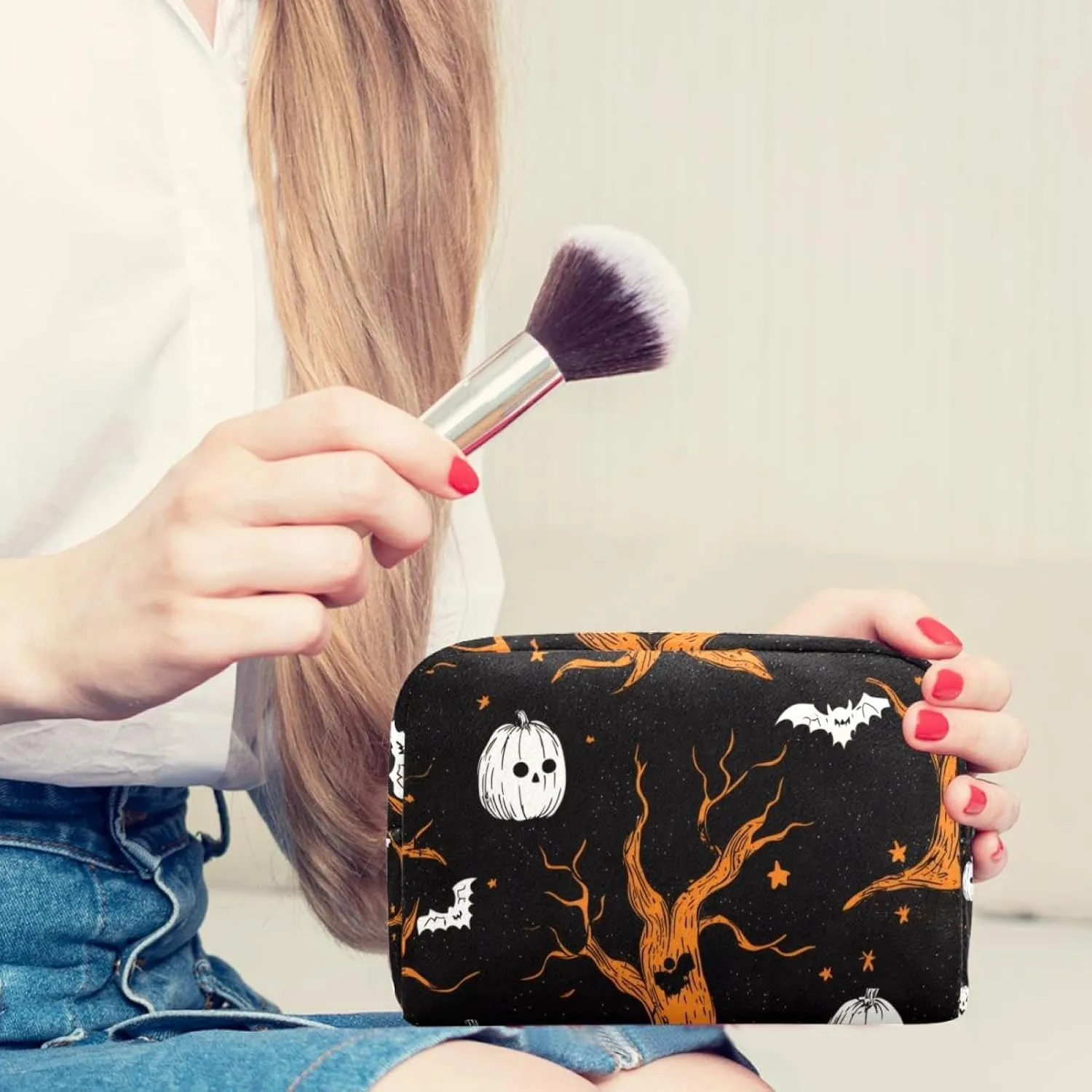 Travel Makeup Bag for Women, Halloween Elements Seamless Pattern Travel Cosmetic Bag Pencil Case Portable Makeup Pouch Toiletry Bag for Girls