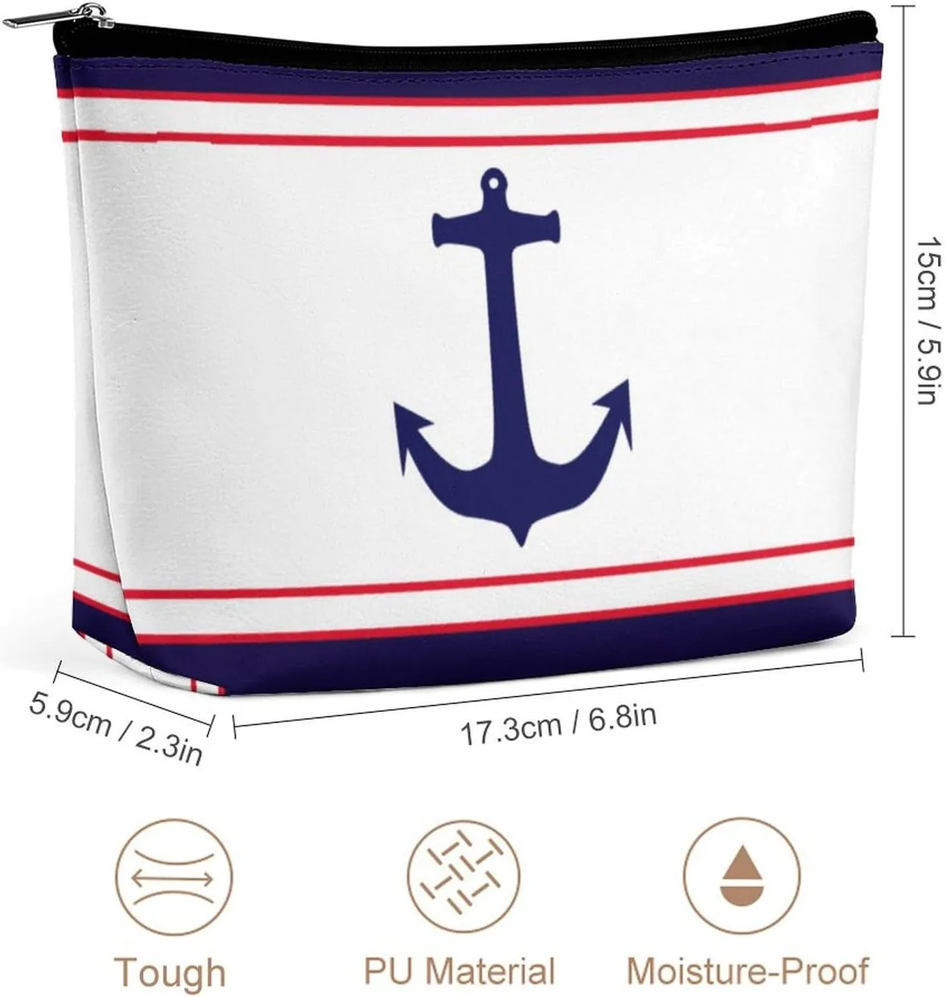 Travel Makeup Bag, Nautical Anchor Navy Blue Red Stripes Cosmetic Bags for Women Large Capacity Waterproof Toiletry Pouch Make up Organizer