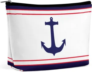 Travel Makeup Bag, Nautical Anchor Navy Blue Red Stripes Cosmetic Bags for Women Large Capacity Waterproof Toiletry Pouch Make up Organizer