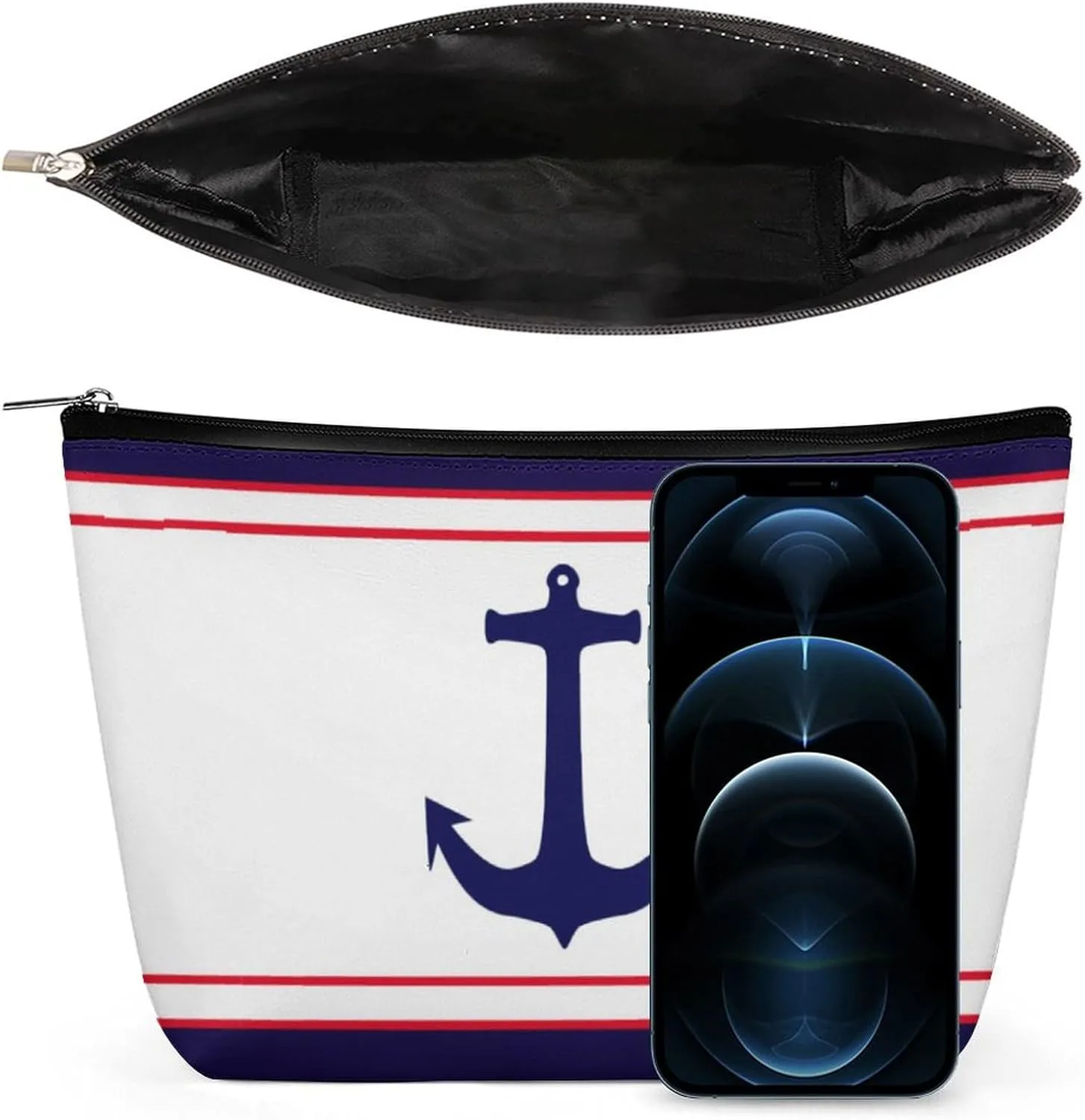 Travel Makeup Bag, Nautical Anchor Navy Blue Red Stripes Cosmetic Bags for Women Large Capacity Waterproof Toiletry Pouch Make up Organizer