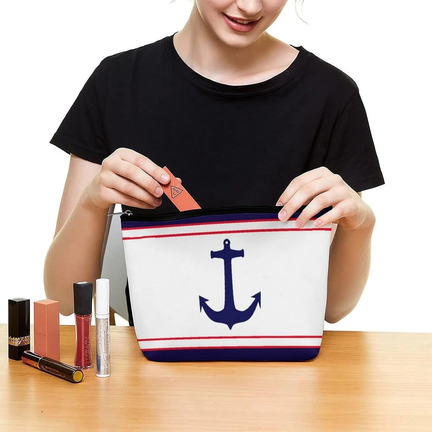 Travel Makeup Bag, Nautical Anchor Navy Blue Red Stripes Cosmetic Bags for Women Large Capacity Waterproof Toiletry Pouch Make up Organizer