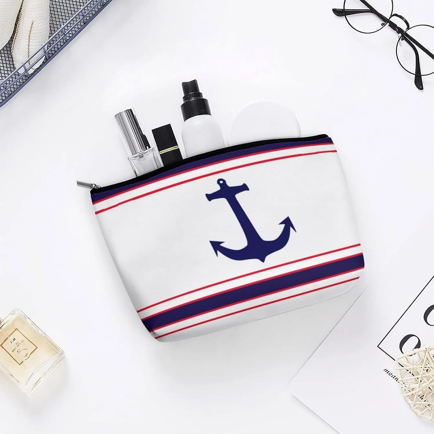Travel Makeup Bag, Nautical Anchor Navy Blue Red Stripes Cosmetic Bags for Women Large Capacity Waterproof Toiletry Pouch Make up Organizer