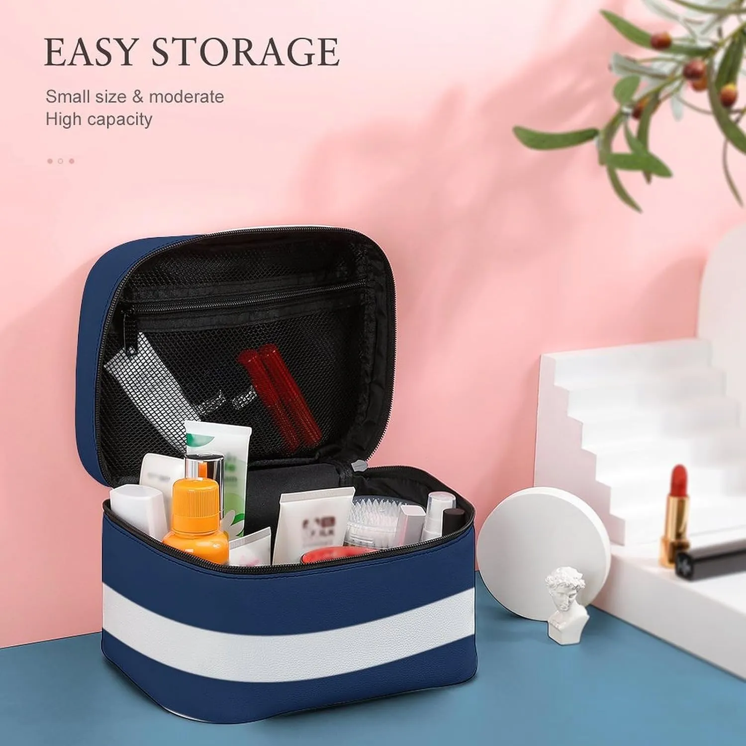 Travel Makeup Bag, Navy Blue and White Stripe Cosmetic Bags for Women Large Capacity Waterproof Toiletry Bag Make up Organizer
