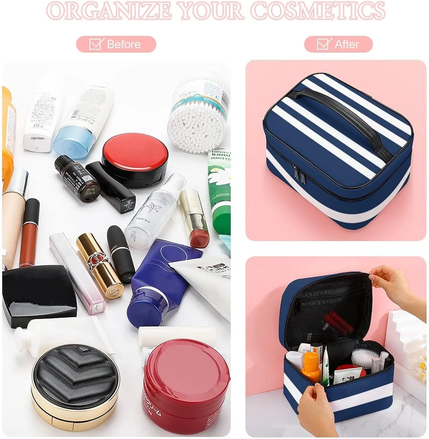 Travel Makeup Bag, Navy Blue and White Stripe Cosmetic Bags for Women Large Capacity Waterproof Toiletry Bag Make up Organizer