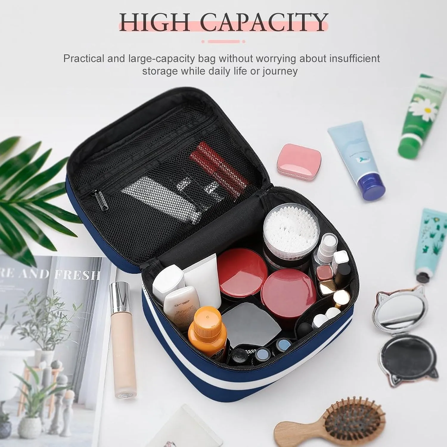 Travel Makeup Bag, Navy Blue and White Stripe Cosmetic Bags for Women Large Capacity Waterproof Toiletry Bag Make up Organizer