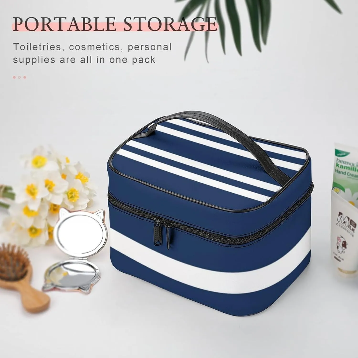 Travel Makeup Bag, Navy Blue and White Stripe Cosmetic Bags for Women Large Capacity Waterproof Toiletry Bag Make up Organizer
