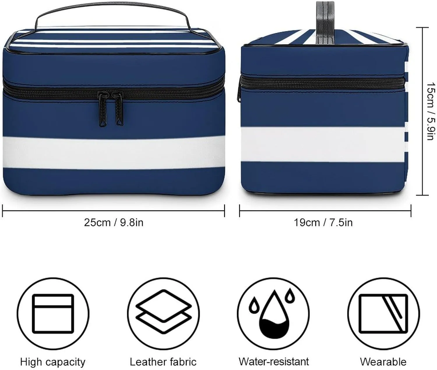 Travel Makeup Bag, Navy Blue and White Stripe Cosmetic Bags for Women Large Capacity Waterproof Toiletry Bag Make up Organizer