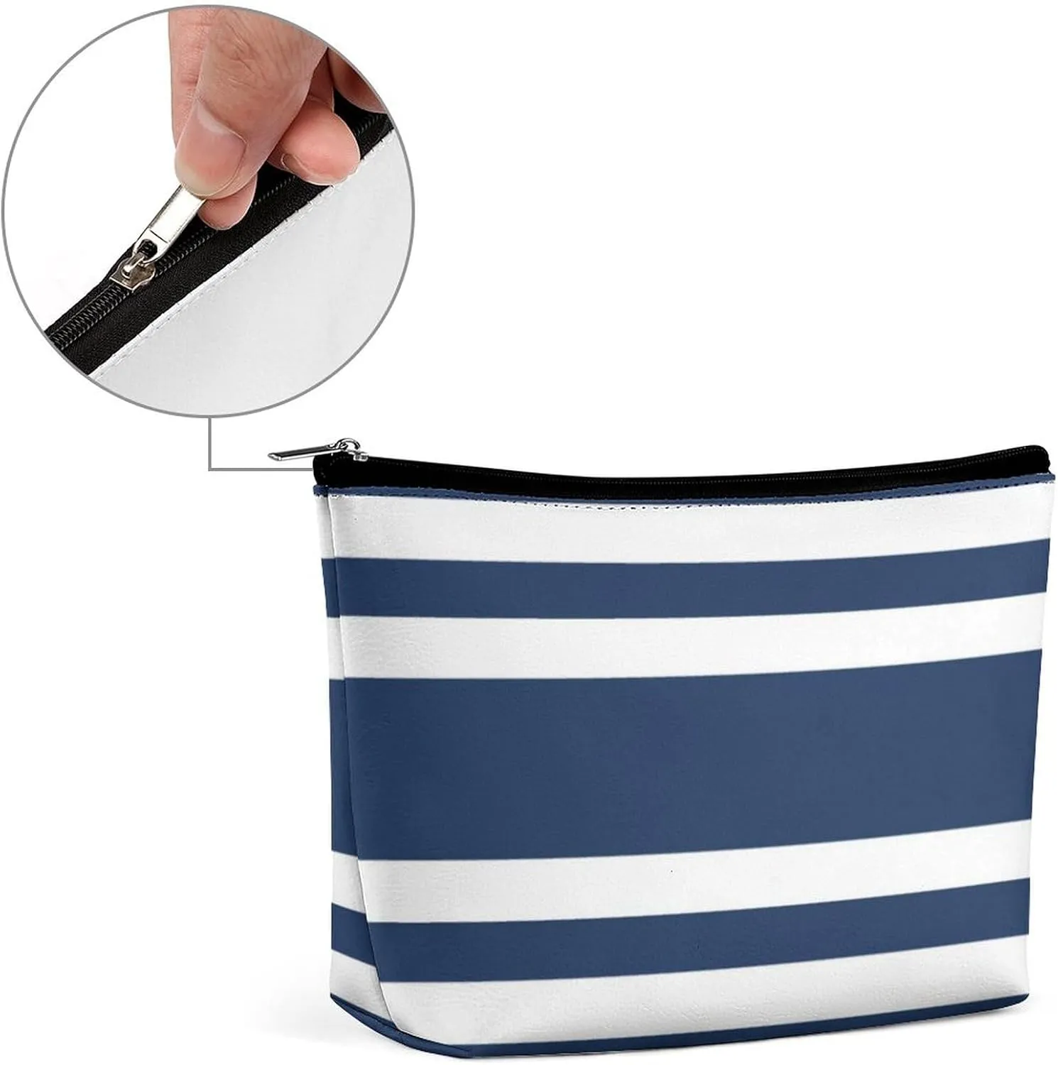 Travel Makeup Bag, Navy Blue and White Stripe Cosmetic Bags for Women Large Capacity Waterproof Toiletry Pouch Make up Organizer