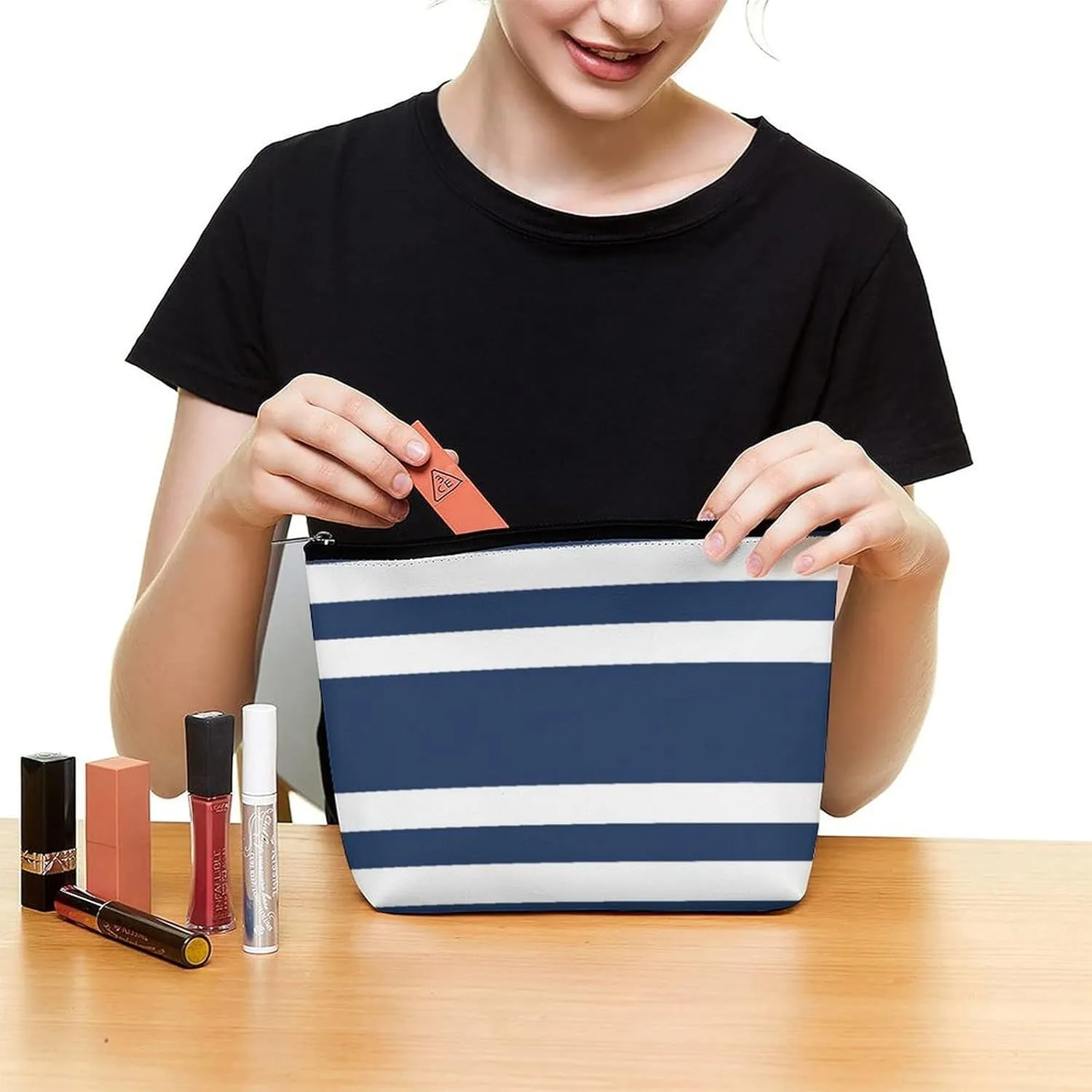 Travel Makeup Bag, Navy Blue and White Stripe Cosmetic Bags for Women Large Capacity Waterproof Toiletry Pouch Make up Organizer