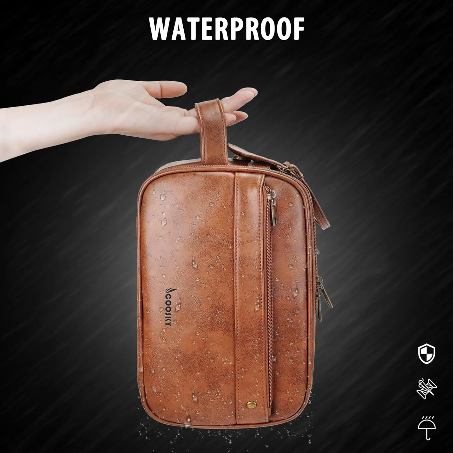 Travel Toiletry Bag for Men, Large Hanging Toiletries Organizer Bags for Women, Cruise Ship Essentials, Water-resistant Shaving Case, PU Leather Makeup Accessories, Cosmetic Dopp Kit, Brown