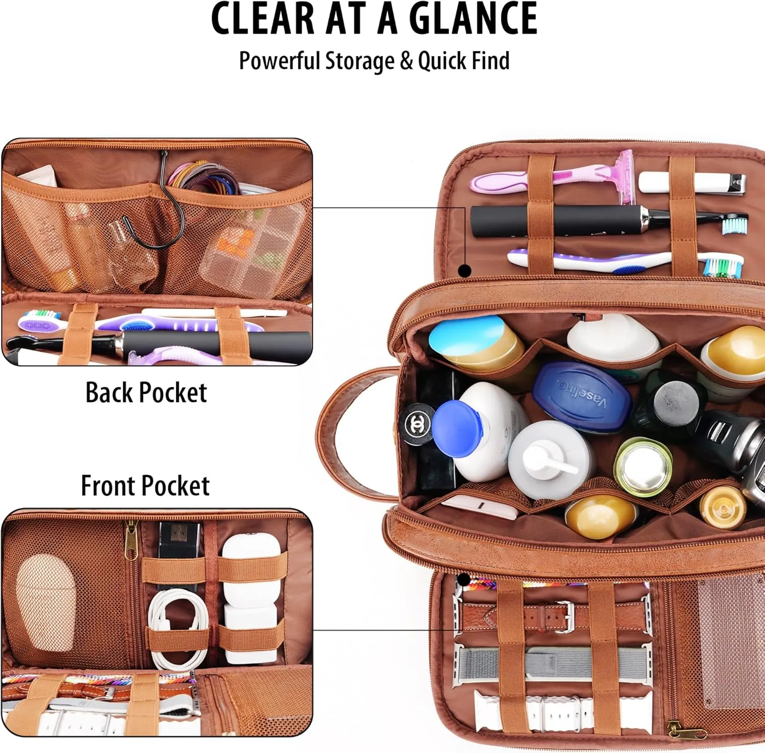 Travel Toiletry Bag for Men, Large Hanging Toiletries Organizer Bags for Women, Cruise Ship Essentials, Water-resistant Shaving Case, PU Leather Makeup Accessories, Cosmetic Dopp Kit, Brown