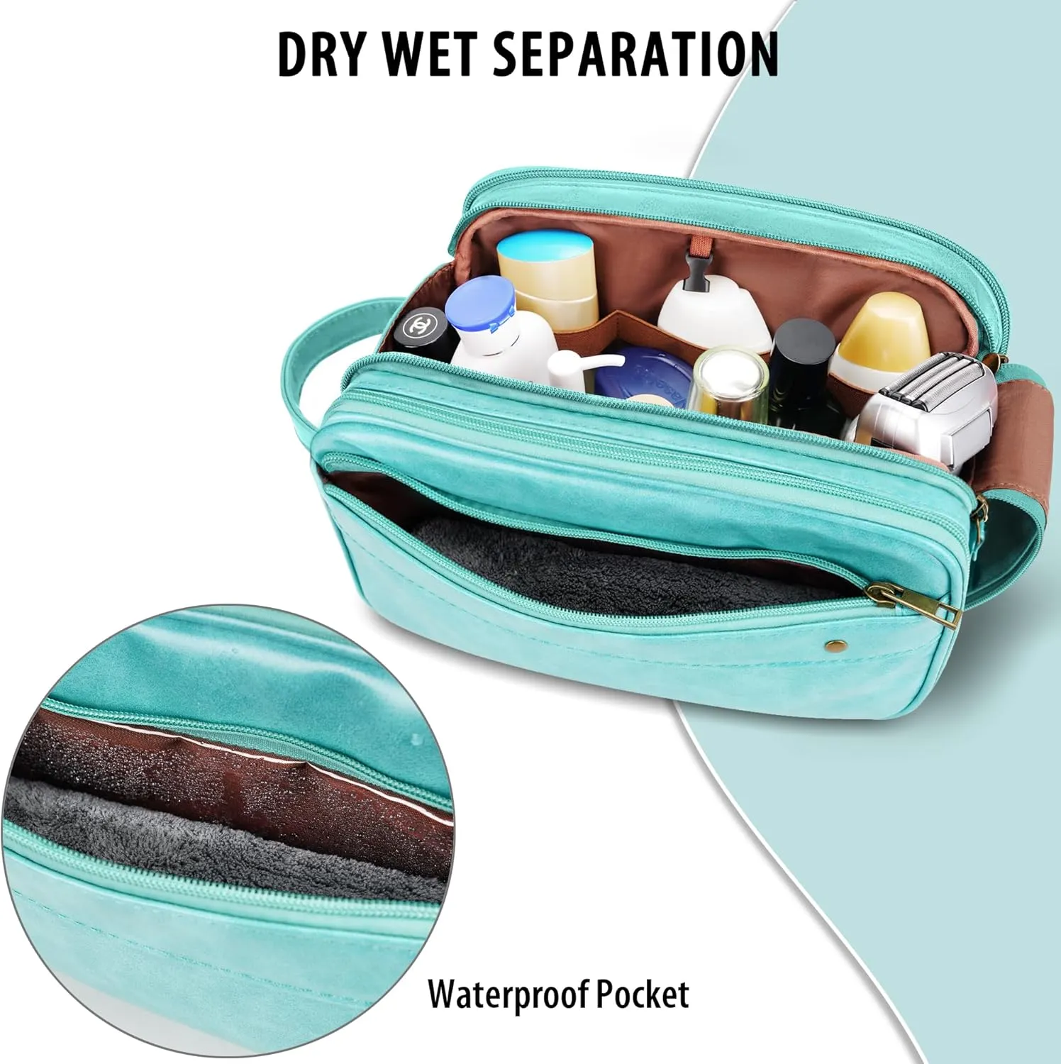 Travel Toiletry Bag for Men, Large Hanging Toiletries Organizer Bags for Women, Cruise Ship Essentials, Water-resistant Shaving Case, PU Leather Makeup Accessories, Cosmetic Dopp Kit, Lake Blue