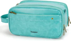 Travel Toiletry Bag for Men, Large Hanging Toiletries Organizer Bags for Women, Cruise Ship Essentials, Water-resistant Shaving Case, PU Leather Makeup Accessories, Cosmetic Dopp Kit, Lake Blue