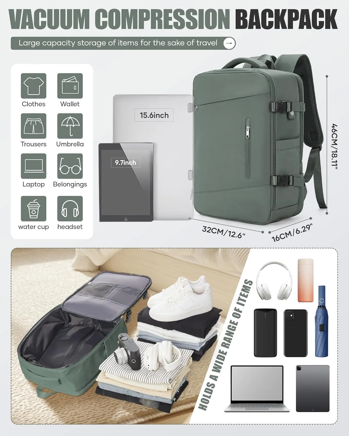 Travel Vacuum Backpack Airback Vacpack Seal Packing Backpack with Pump Storage Vacuum Compression Seal Bags Carrry on Flight Approved Personal Item Compression Laptop Work Back Pack Dark Green