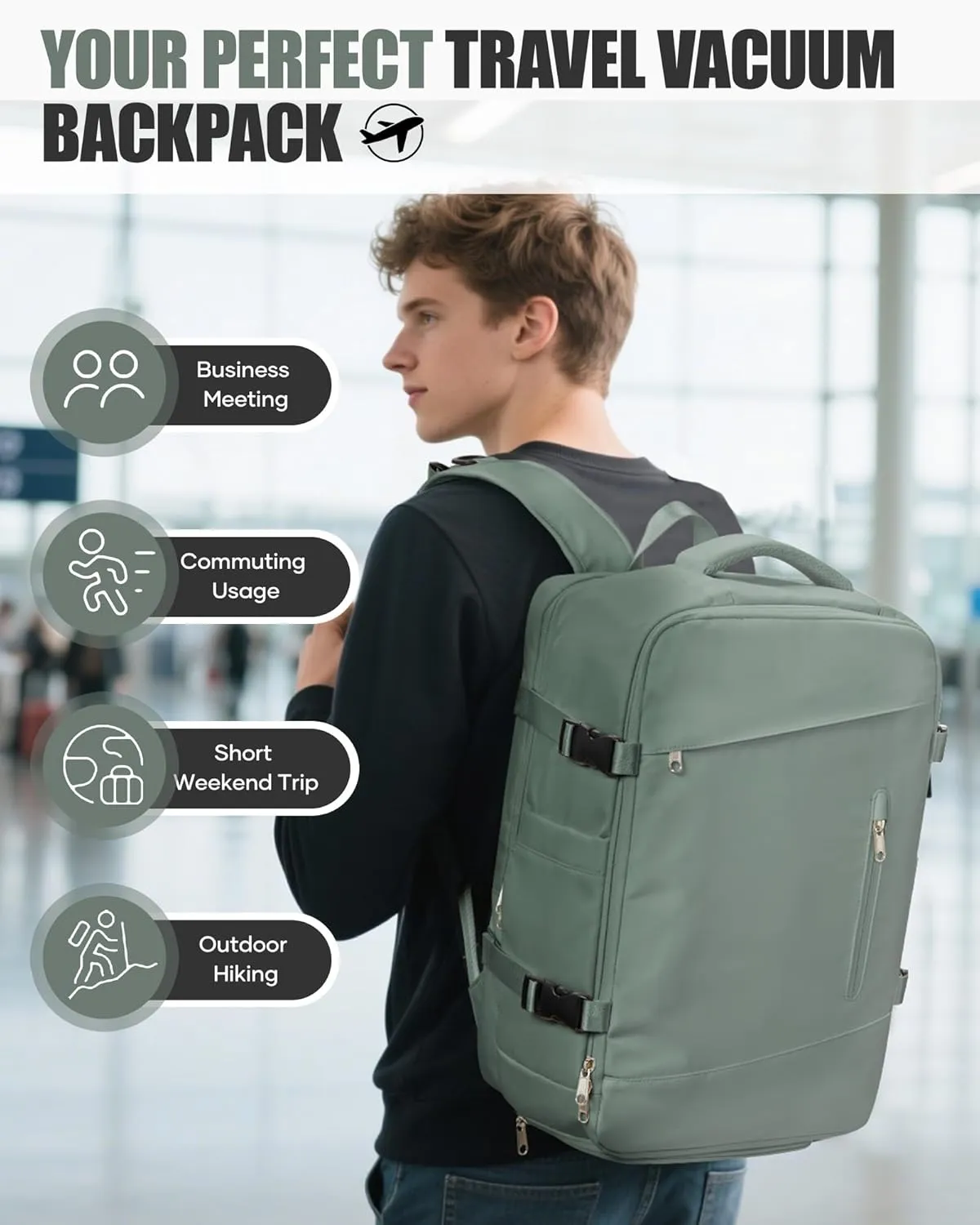 Travel Vacuum Backpack Airback Vacpack Seal Packing Backpack with Pump Storage Vacuum Compression Seal Bags Carrry on Flight Approved Personal Item Compression Laptop Work Back Pack Dark Green