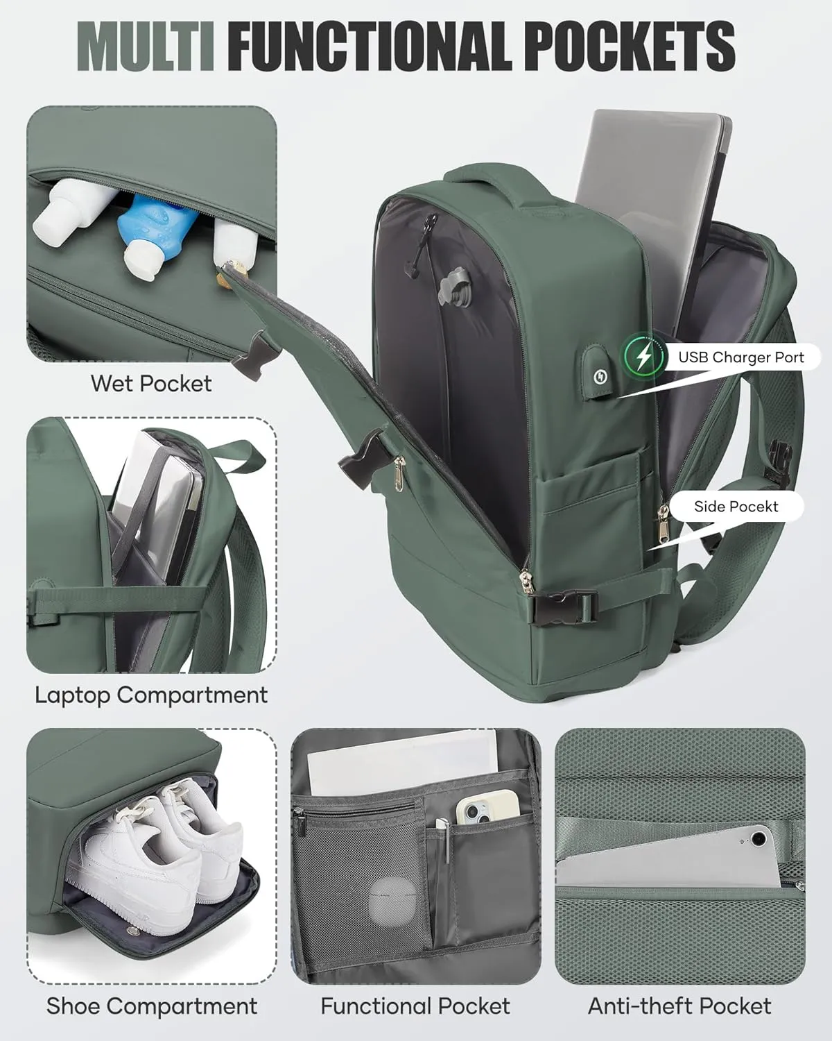 Travel Vacuum Backpack Airback Vacpack Seal Packing Backpack with Pump Storage Vacuum Compression Seal Bags Carrry on Flight Approved Personal Item Compression Laptop Work Back Pack Dark Green