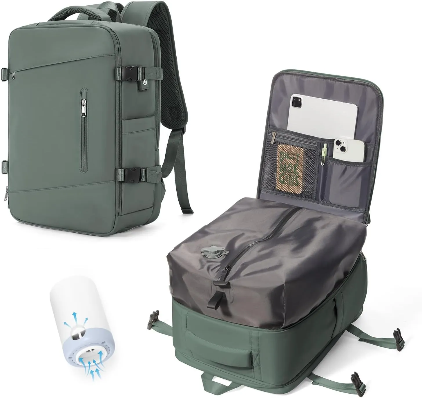 Travel Vacuum Backpack Airback Vacpack Seal Packing Backpack with Pump Storage Vacuum Compression Seal Bags Carrry on Flight Approved Personal Item Compression Laptop Work Back Pack Dark Green